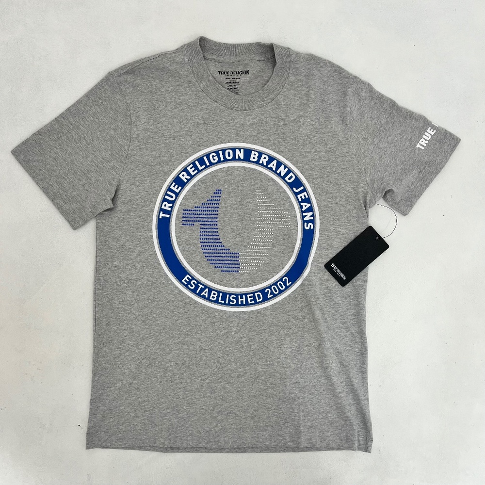 True Religion Mens M Strike HS SS T-shirt Heather Gray Rhinestone Horseshoe NWT‎
